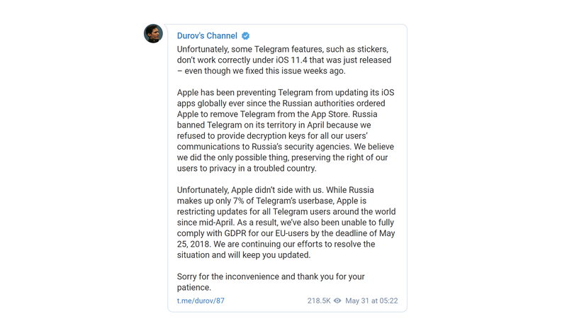 Illustration for article titled Telegram CEO Says Apple Is Blocking Updates as Russia Tries to Ban the Messaging App